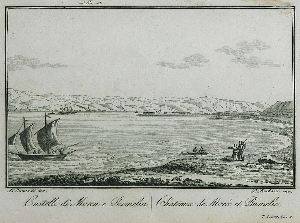 Incisione da - Viaggio nella Grecia fatto negli anni 1804, 1805 e 1806, castelli di Morea e Rumelia